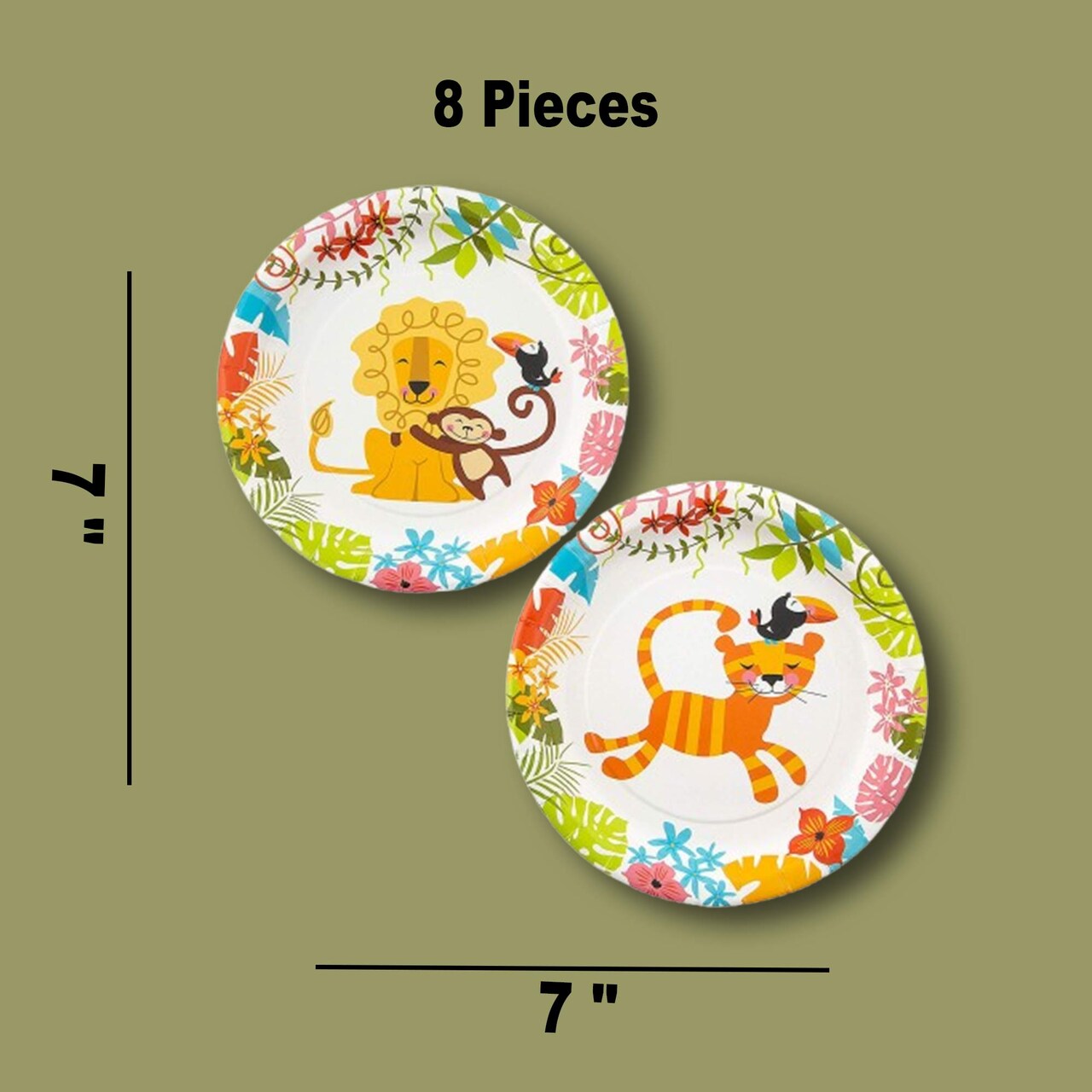 8 Count 7" Jungle Lion Monkey Toucan Disposable Paper Dessert Plates Tropical Baby Shower Tableware